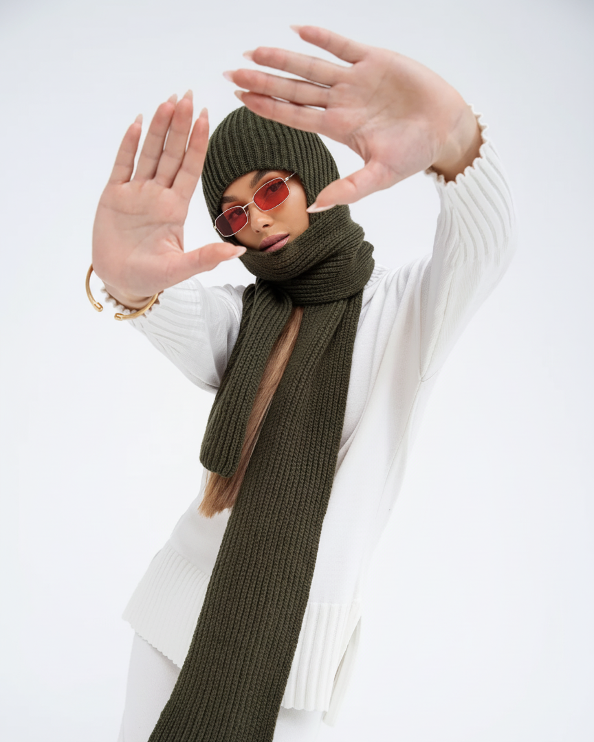 Person wearing a green knit hat and scarf with a white background