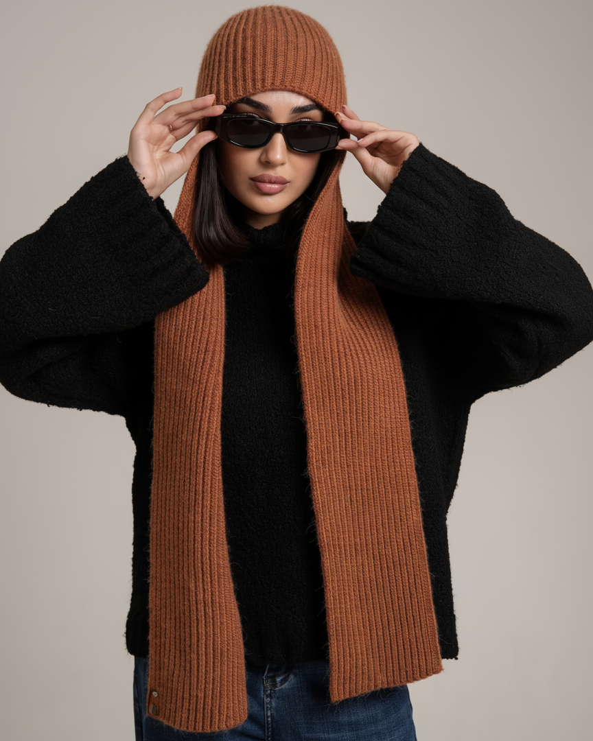 Kiro 2-in-1 Knitted Winter Hat with Long Scarf Ears | Warm & Stylish Beanie with Built-in Scarf | Unique Gift for Her
