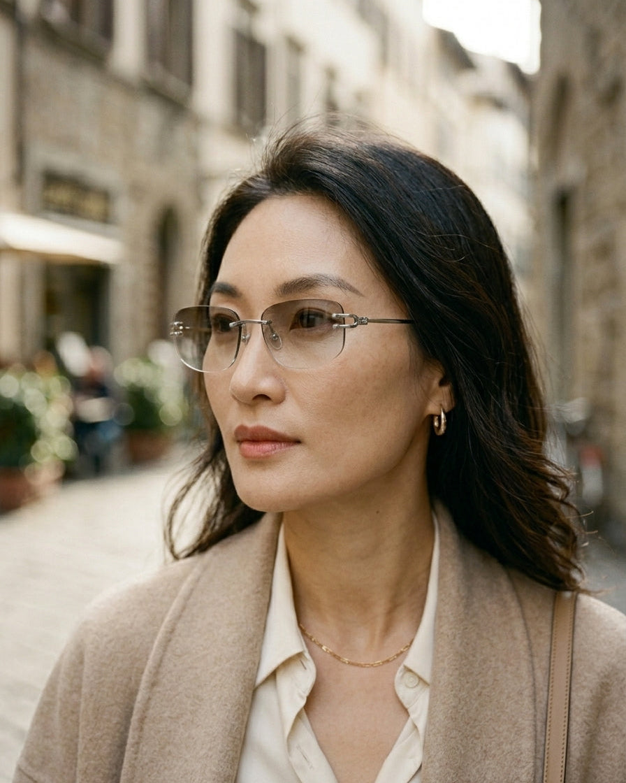Woman wearing glasses and a beige cardigan on a city street