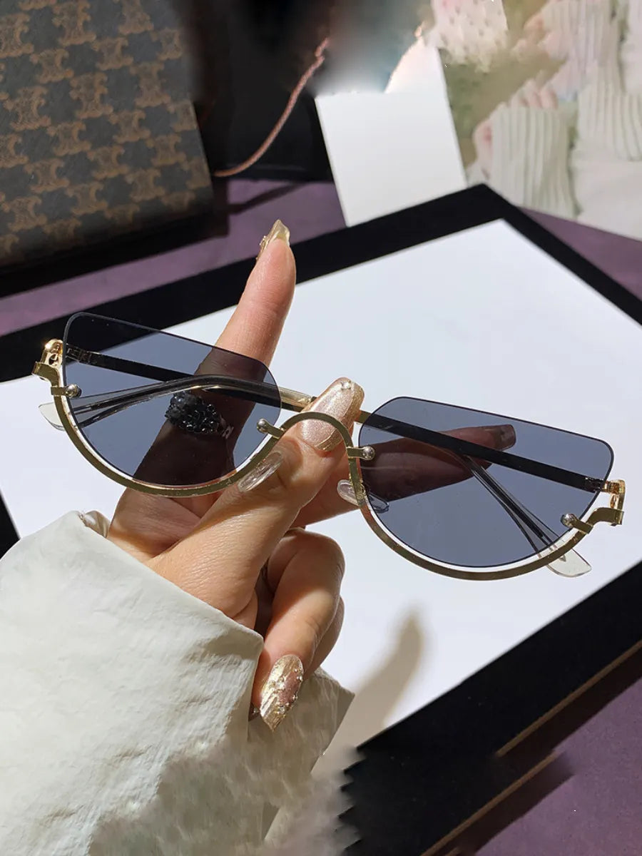 Geometric Cat-Eye Sunglasses - UV400 Half-Frame Metal Design - Gold Triangle Frame