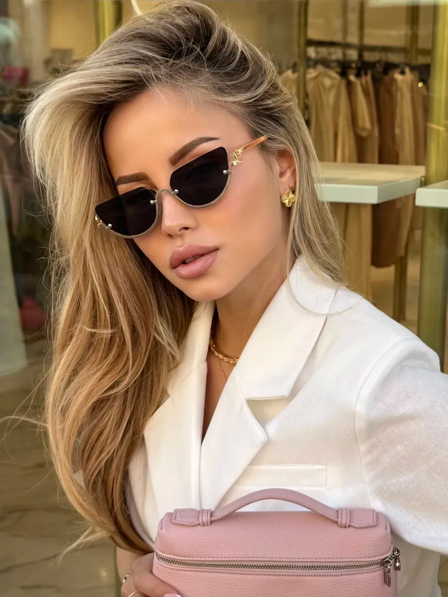 Geometric Cat-Eye Sunglasses - UV400 Half-Frame Metal Design - Gold Triangle Frame