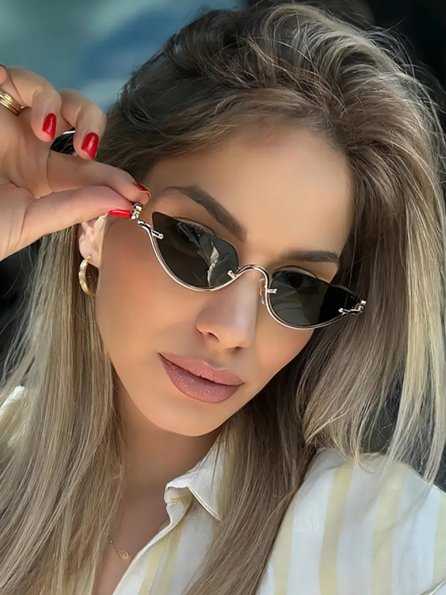 Geometric Cat-Eye Sunglasses - UV400 Half-Frame Metal Design - Gold Triangle Frame