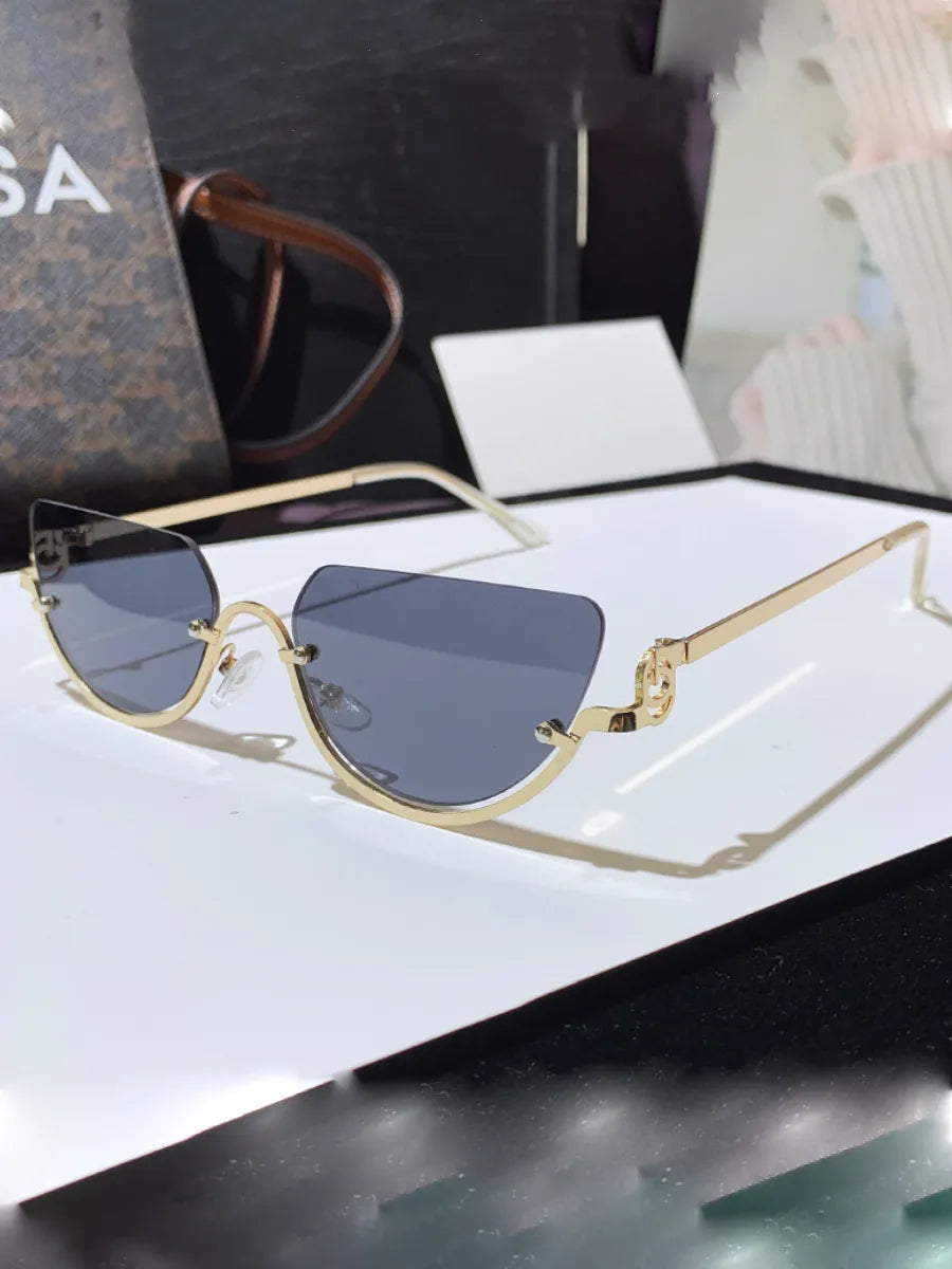 Geometric Cat-Eye Sunglasses - UV400 Half-Frame Metal Design - Gold Triangle Frame
