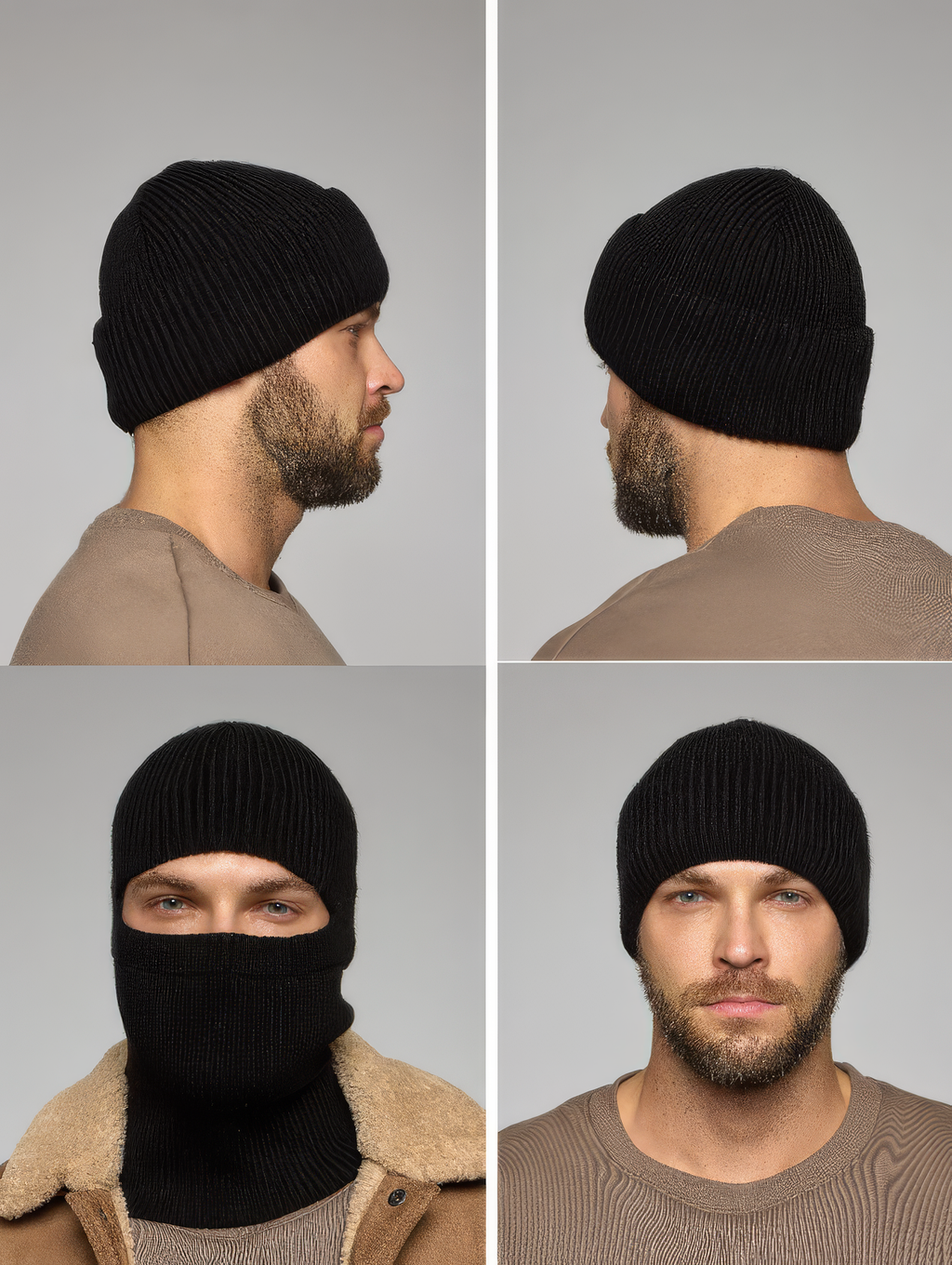 Black knit beanie worn by a person in different angles on a gray background