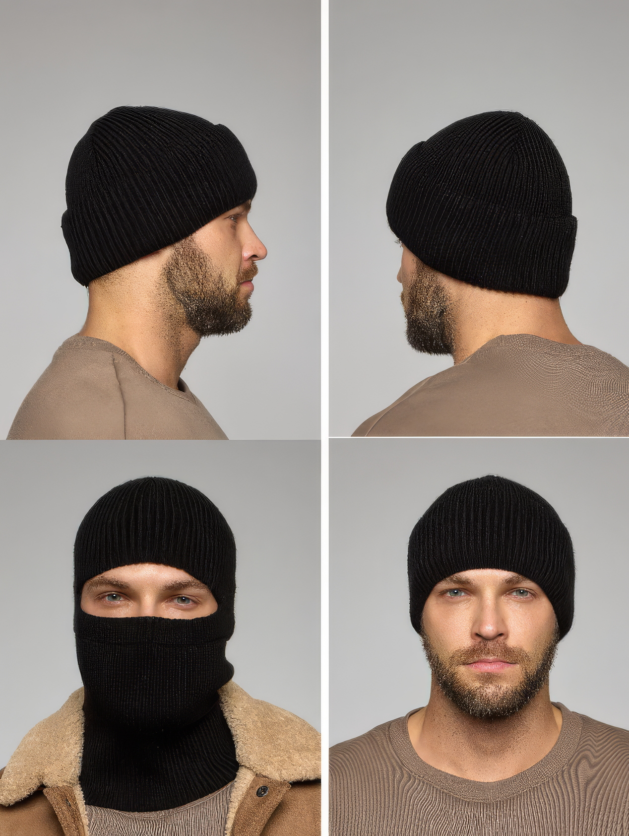 Black knit beanie worn by a person in different angles on a gray background