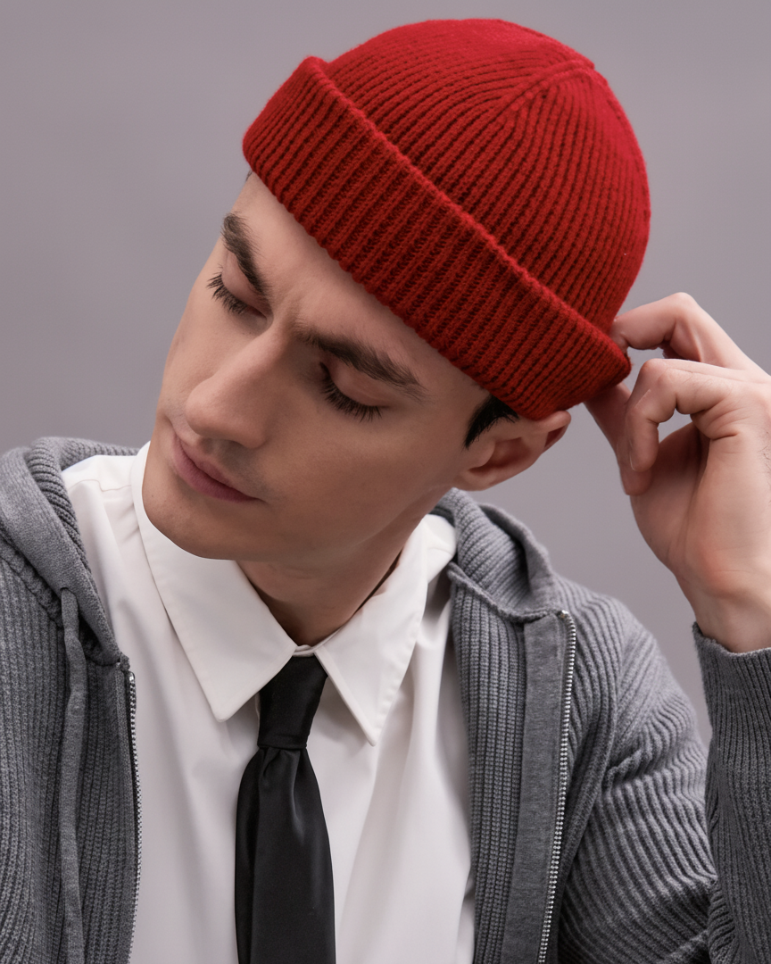 Man wearing a red knitted beanie, gray hoodie, white shirt, and black tie against a gray background