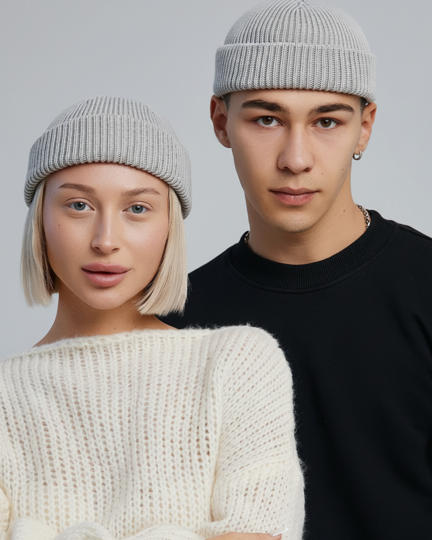 Two people wearing knit hats against a plain background