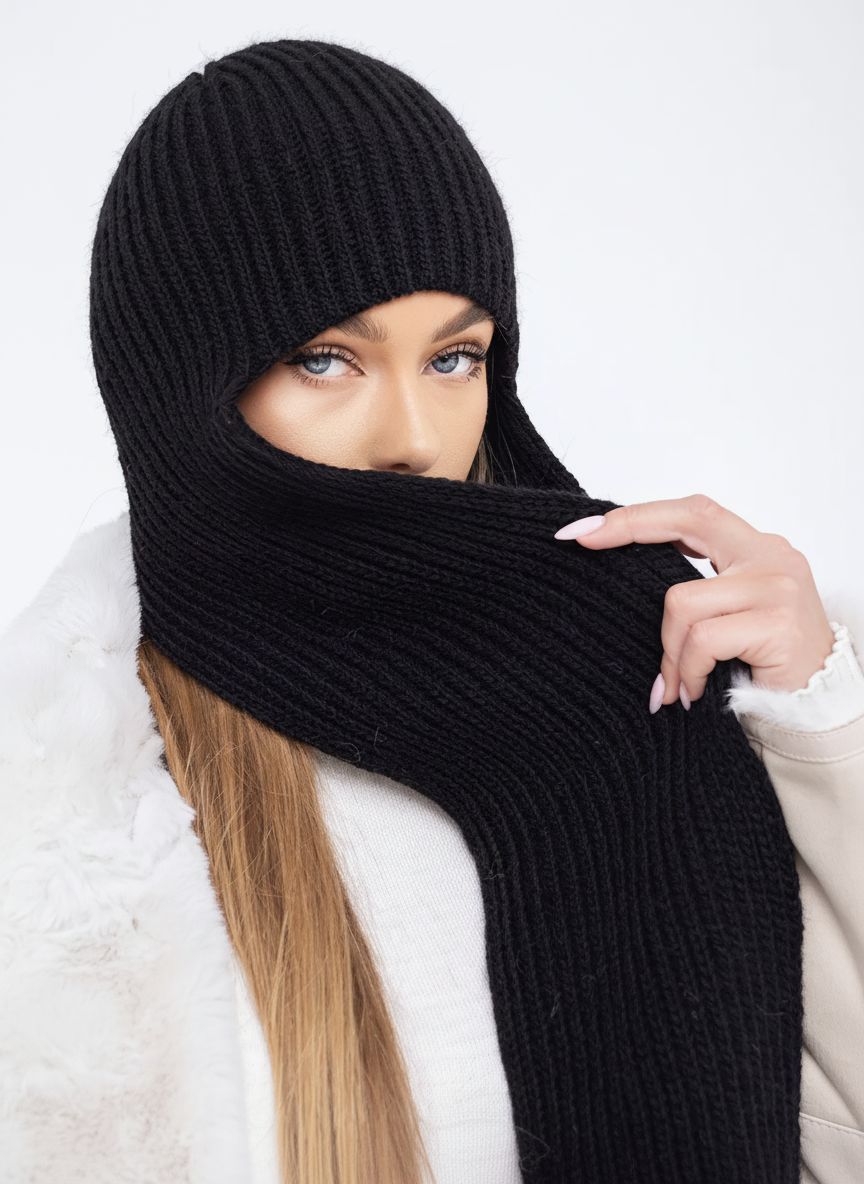 Person wearing a black knit scarf and hat on a white background