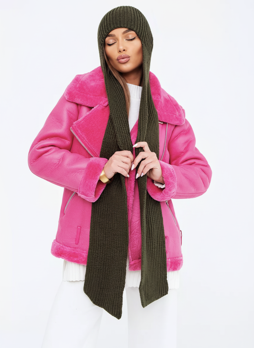 Person wearing a pink coat and green beanie with a white background