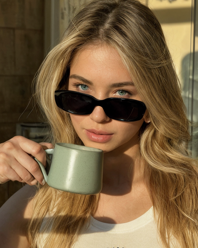 Woman with sunglasses holding a mug outdoors