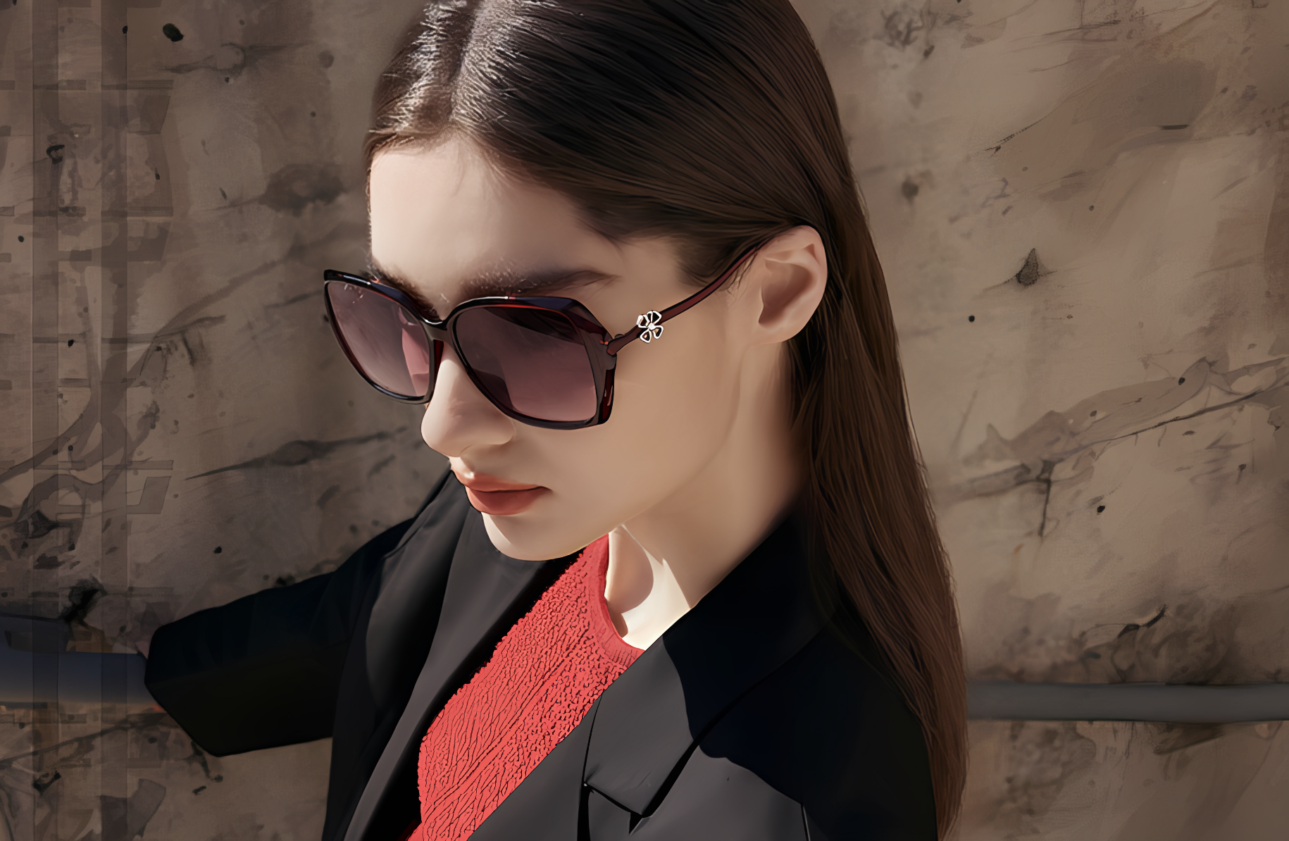 Woman wearing sunglasses with a textured wall background