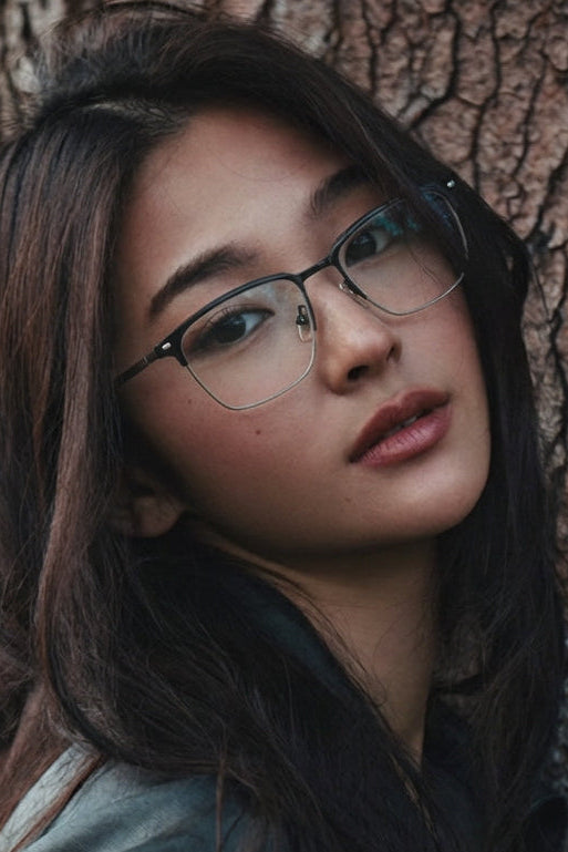 Woman with glasses leaning against a tree