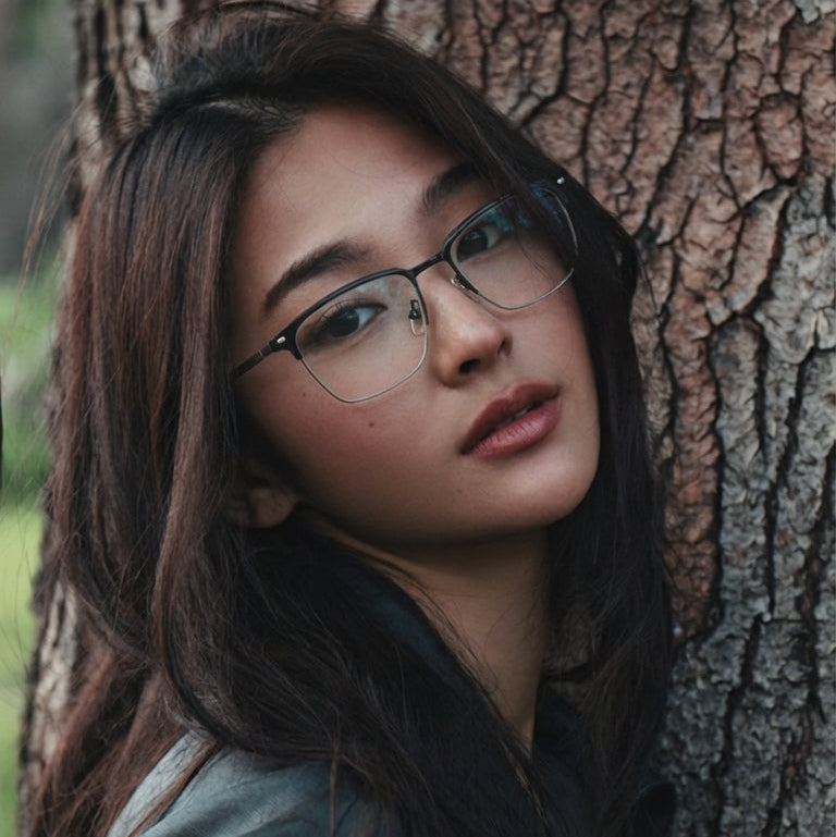 Woman with glasses leaning against a tree