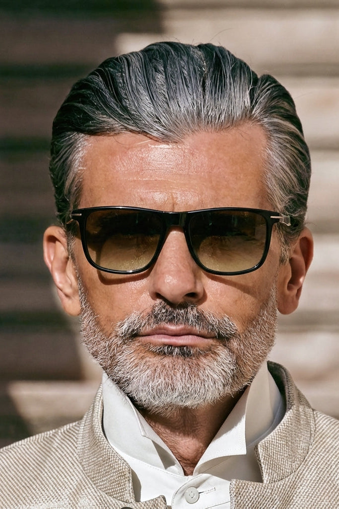 Man wearing sunglasses and a light-colored jacket with a blurred background