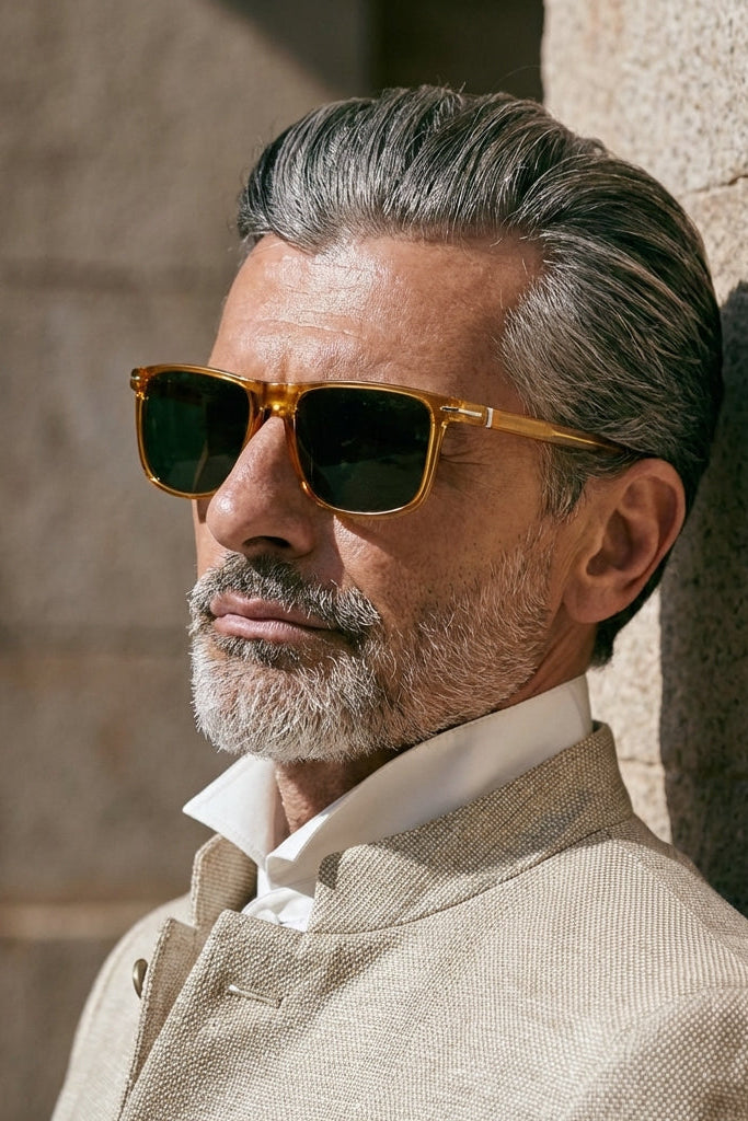 Man wearing sunglasses and a beige jacket against a stone wall.
