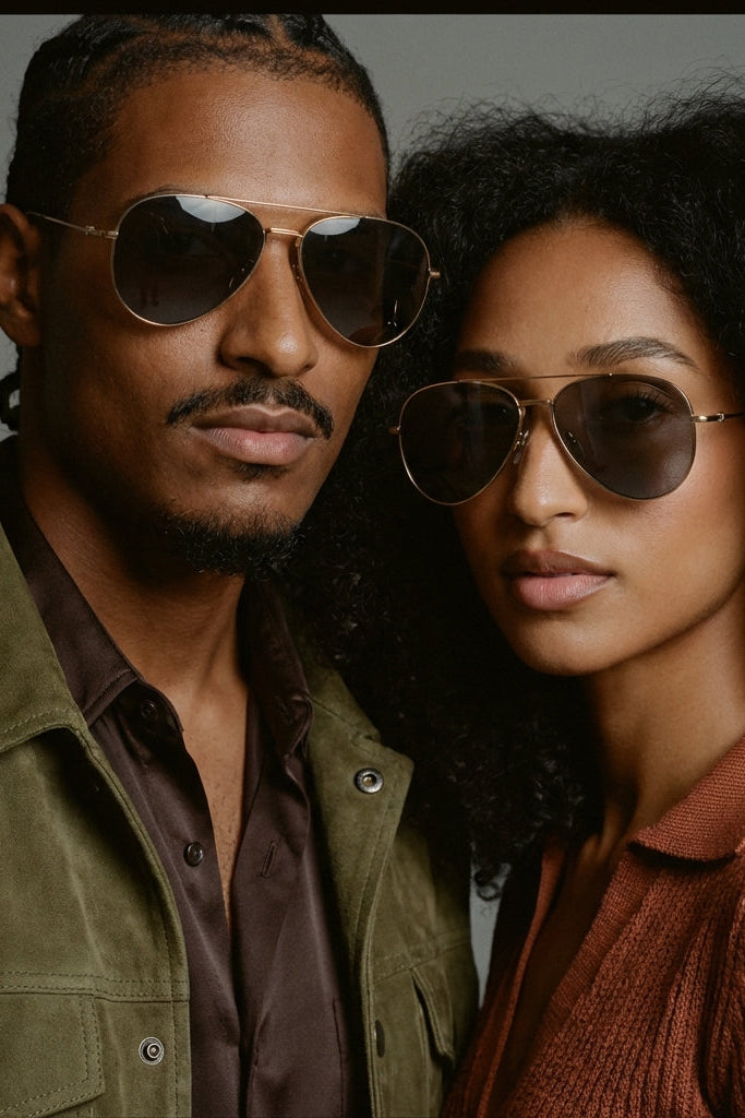 Man and woman wearing sunglasses posing together against a gray background