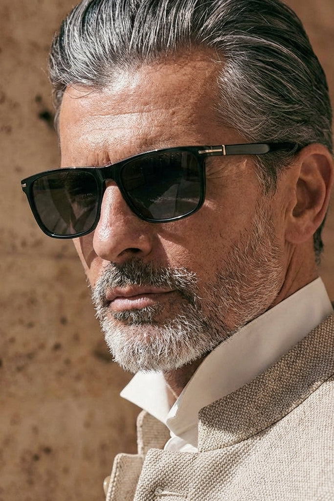 Man wearing sunglasses with a textured wall background