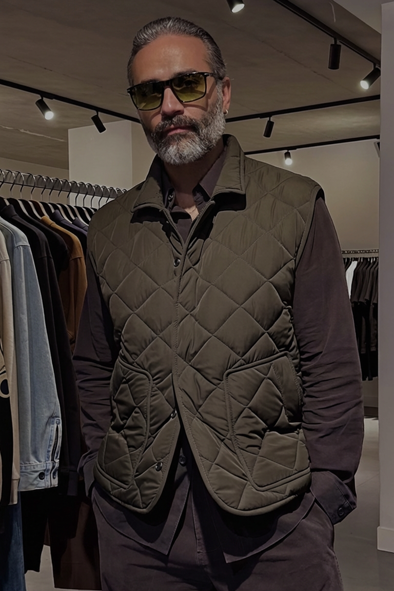 Man wearing a quilted vest in a clothing store