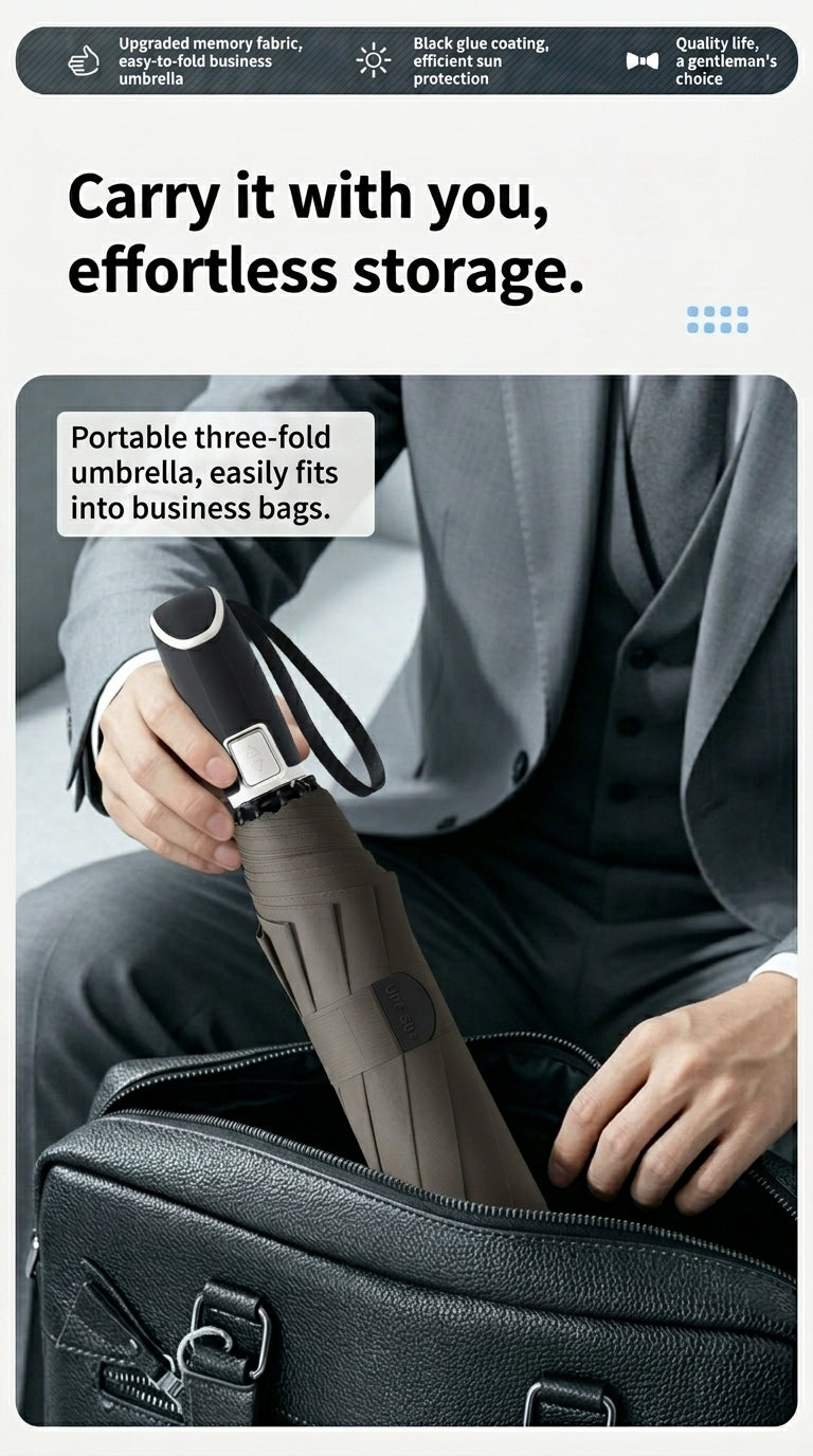 Compact tri-fold automatic umbrella fitting into a business bag for commuting and travel