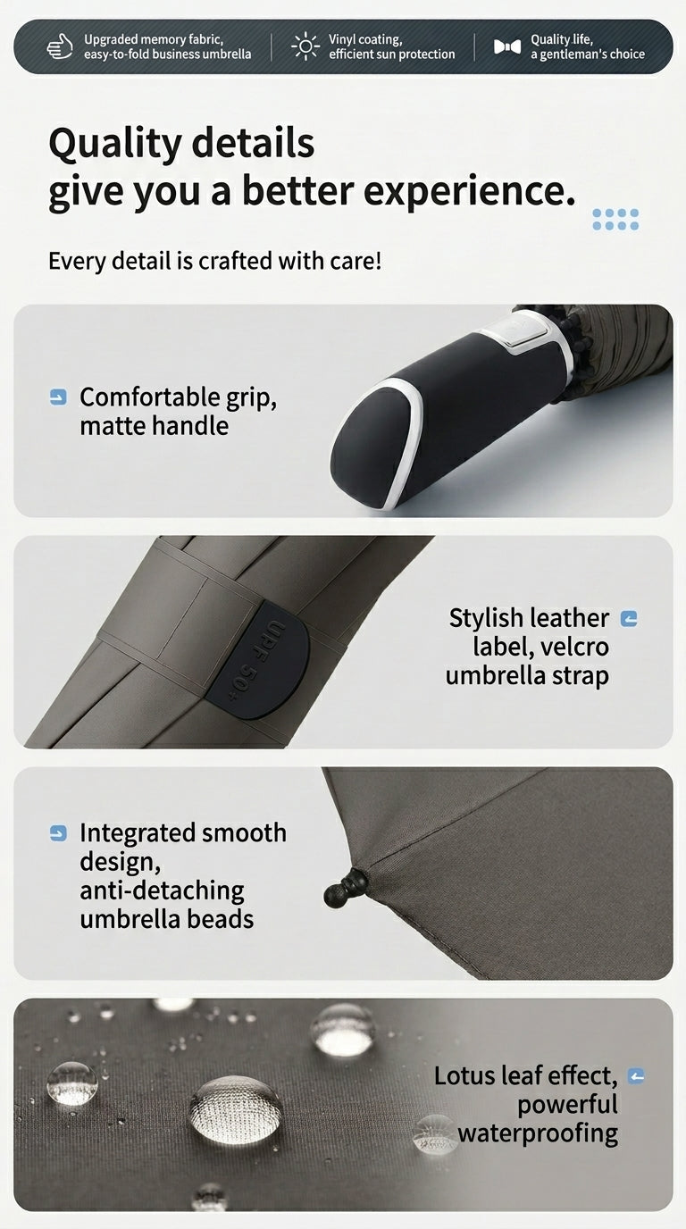 Quality details of compact automatic umbrella showing matte handle strap integrated beads and water repellent fabric