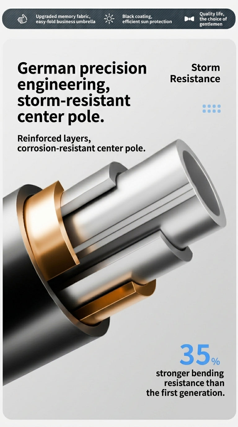 Reinforced alloy center pole detail for compact automatic business umbrella