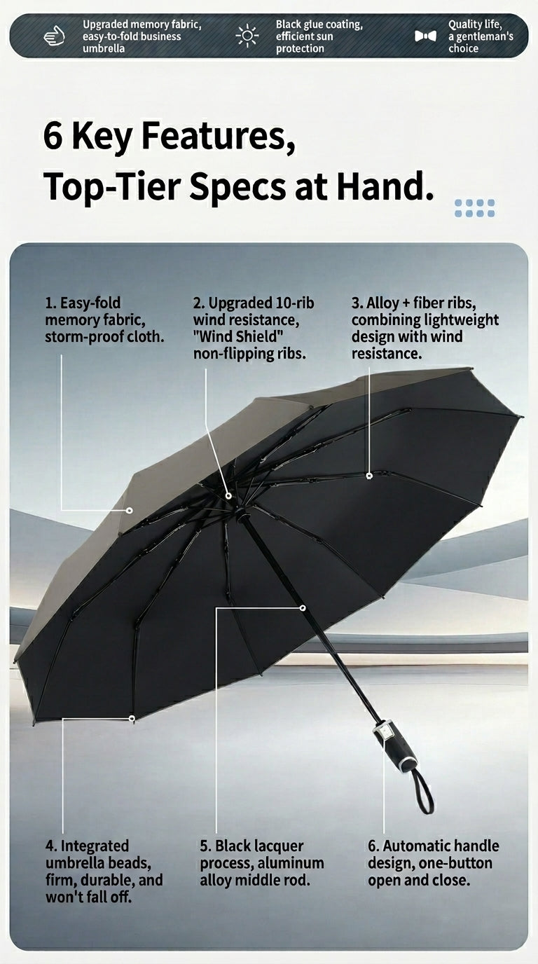 Six key features of truffle gray automatic umbrella including memory fabric 10 ribs and one button open close handle