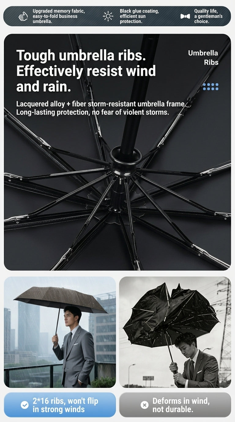 Close-up of strong black umbrella ribs and frame designed for wind and rain resistance