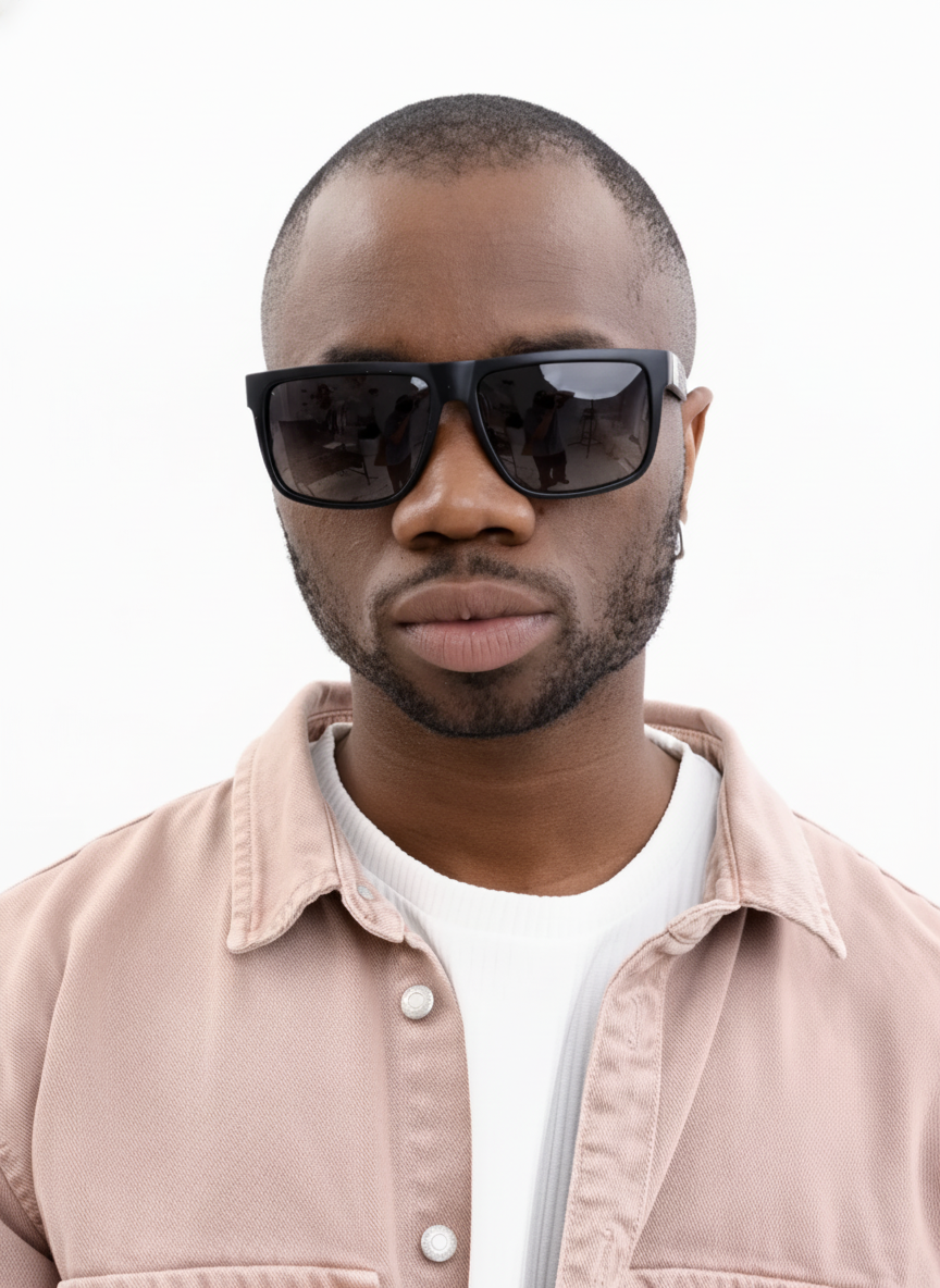 Man wearing sunglasses and a light pink jacket against a white background