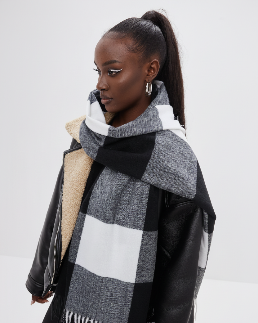 Woman wearing a large checkered scarf with a plain background