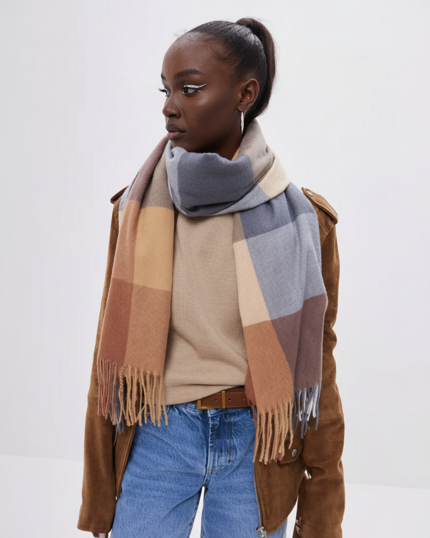 Person wearing a checkered scarf, brown jacket, beige sweater, and blue jeans on a white background