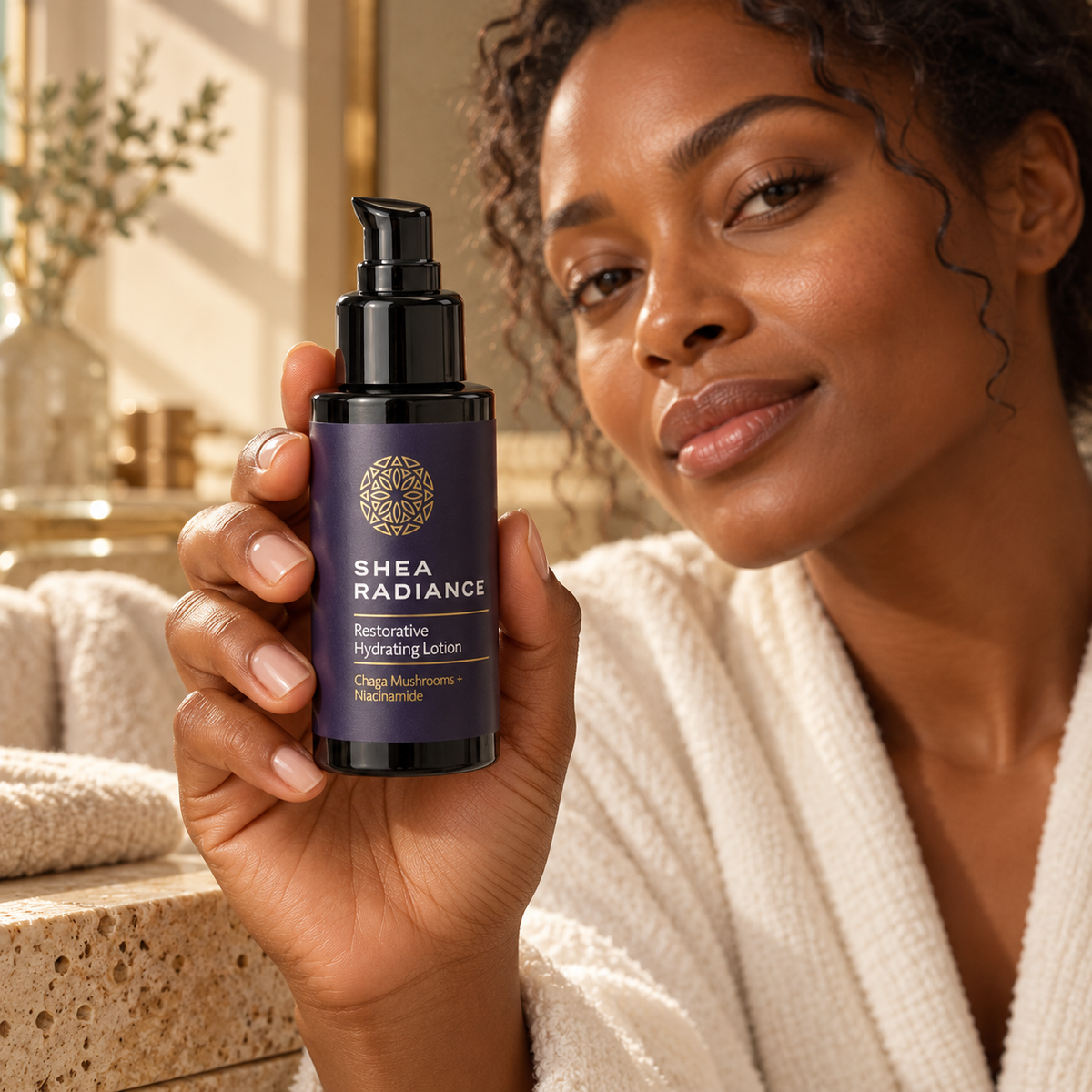 Shea Radiance Restorative Hydrating Lotion with Chaga Mushrooms and Niacinamide in a warm bathroom lifestyle setting